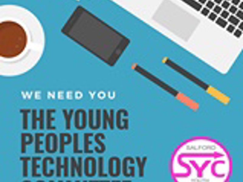 A graphic design of work-related items on a desk and text about the Young Peoples Technology Committee