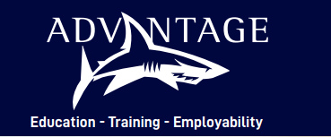 a logo of a shark with the text Advantage education training employability