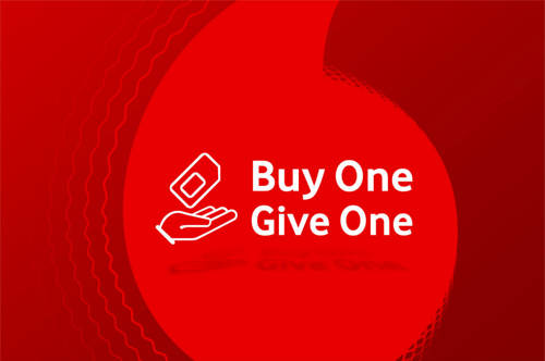 red logo that says buy one give one with a hand catching a SIM card