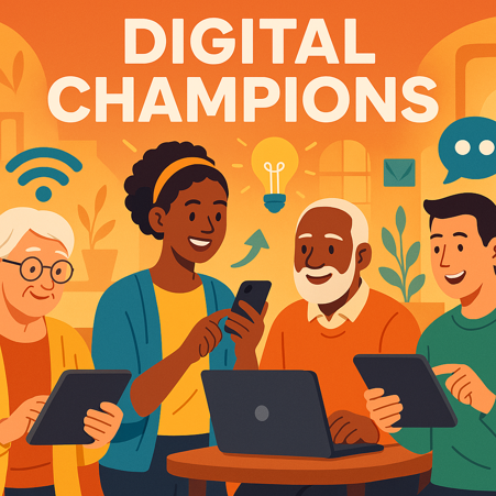 A vibrant and inclusive digital-themed illustration for a blog about 'Digital Champions'