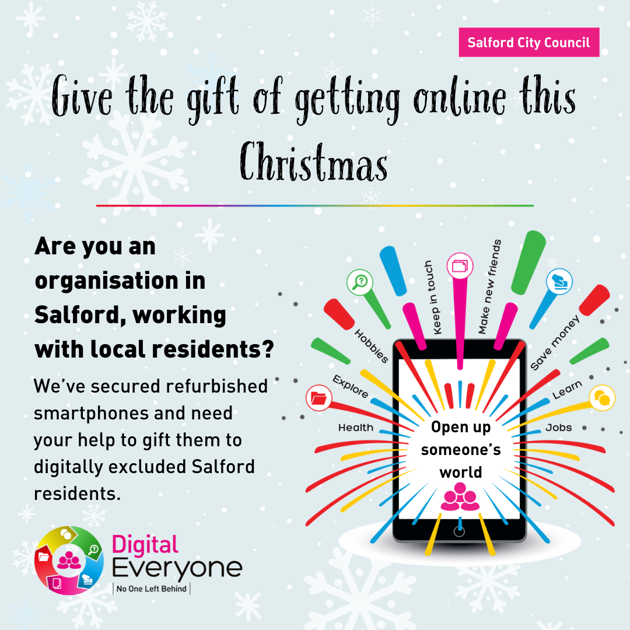 Image of Give the gift of getting online this Christmas. Smartphone with colours and text on the benefits of getting online